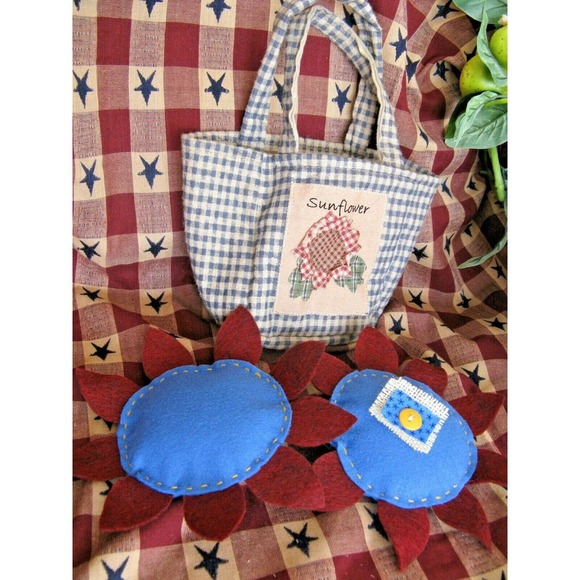 New Prim Rustic Handmade 7” Autumn Fall Felt Sunflowers w/ Bag Home Decor - Picture 3 of 12